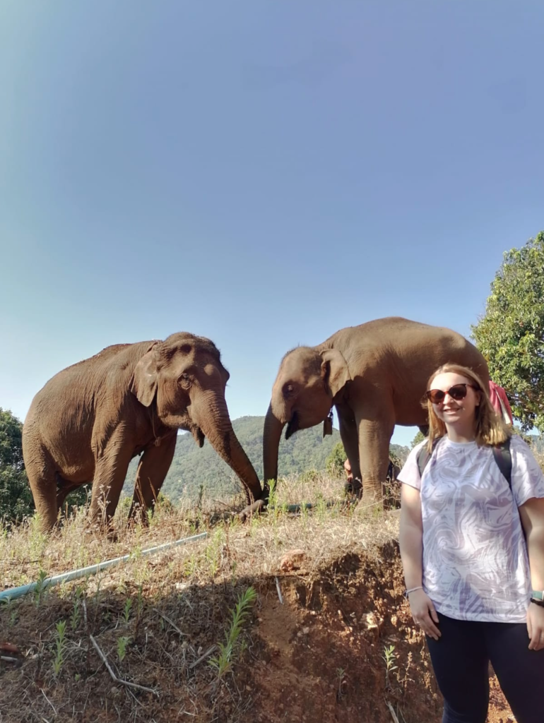 Rachel with 2 elephants in the background.
